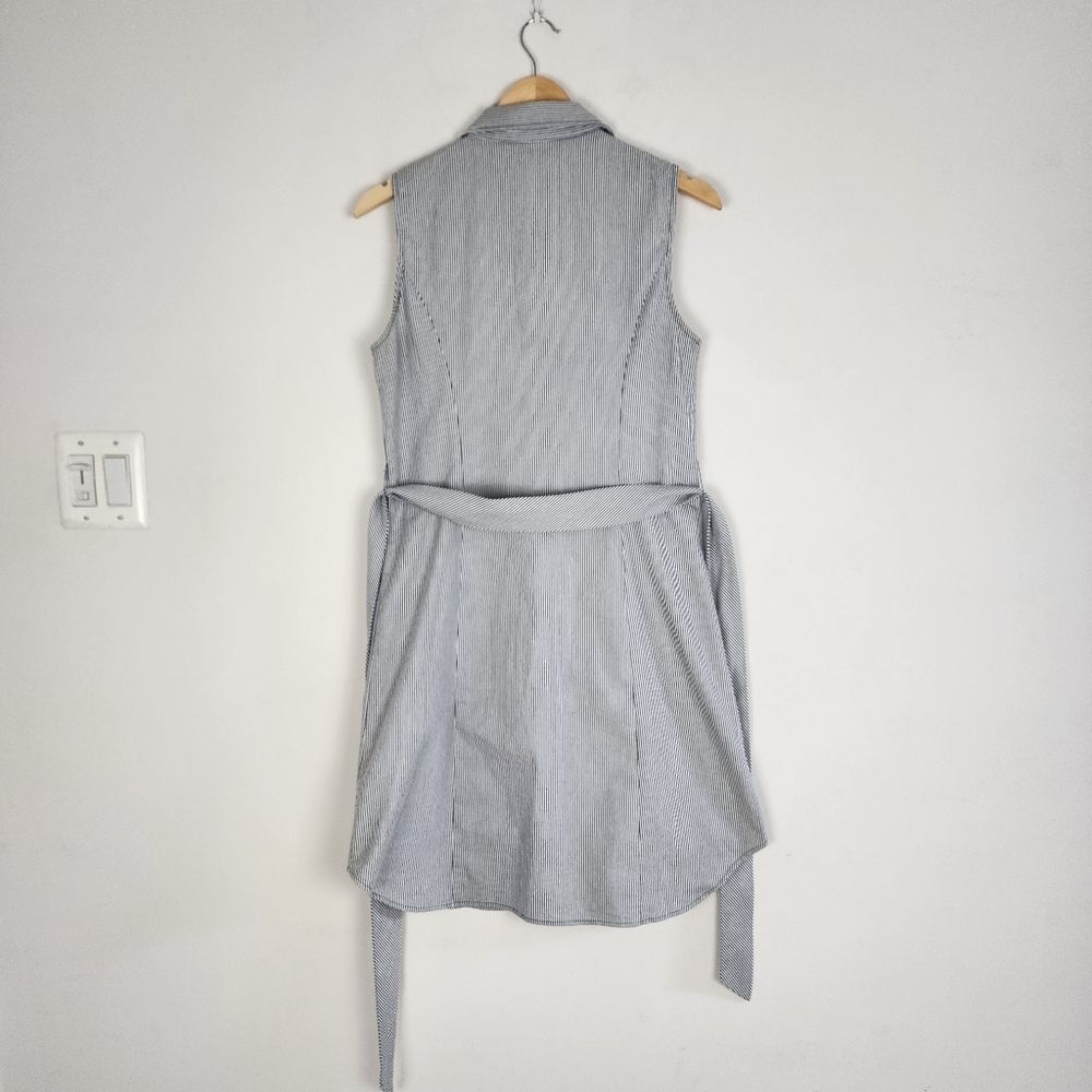 Grace Sleeveless Dress Blue Striped Midi Button Front Cotton Blend Tie Waist 6 - Picture 4 of 12